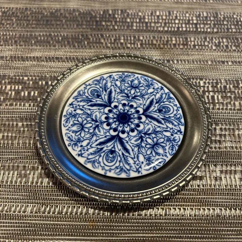 Handcast Pewter&Tile Coasters 4” Blue Porcelain Inlay. Set of 2 Made in Holland